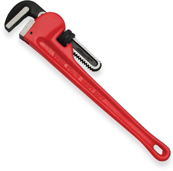 Red and black adjustable pipe wrench used for residential plumbing solutions and commercial HVAC service repairs